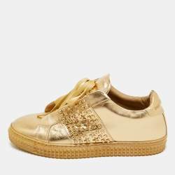 Philipp Plein Gold Leather Spike Studded Sneakers Size 38