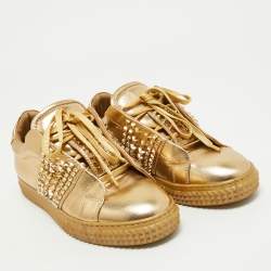 Philipp Plein Gold Leather Spike Studded Sneakers Size 38