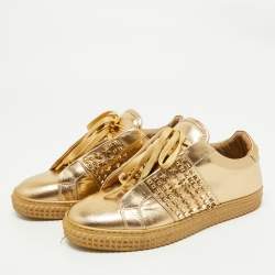 Philipp Plein Gold Leather Spike Studded Sneakers Size 38