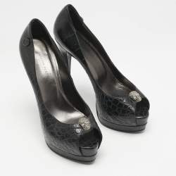 Philipp Plein Black Croc Embossed Leather Skull Peep Toe Platform Pumps Size 38