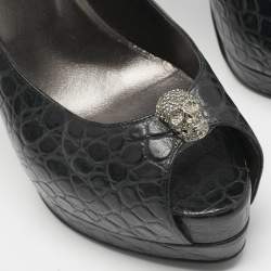 Philipp Plein Black Croc Embossed Leather Skull Peep Toe Platform Pumps Size 38