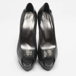 Philipp Plein Black Croc Embossed Leather Skull Peep Toe Platform Pumps Size 38