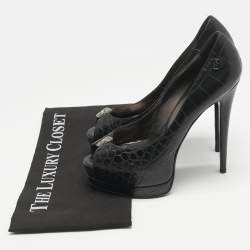 Philipp Plein Black Croc Embossed Leather Skull Peep Toe Platform Pumps Size 38