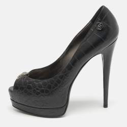 Philipp Plein Black Croc Embossed Leather Skull Peep Toe Platform Pumps Size 38