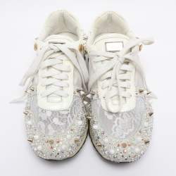 Pre Owned Philipp Plein White Lace and Leather Sanna Embellished Low Top Sneakers Size 36.5
