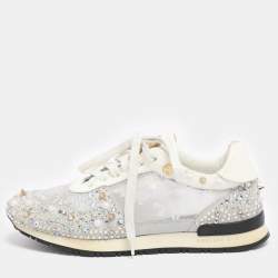 Pre Owned Philipp Plein White Lace and Leather Sanna Embellished Low Top Sneakers Size 36.5