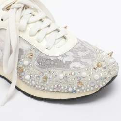 Pre Owned Philipp Plein White Lace and Leather Sanna Embellished Low Top Sneakers Size 36.5