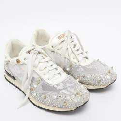 Pre Owned Philipp Plein White Lace and Leather Sanna Embellished Low Top Sneakers Size 36.5