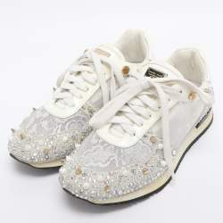Pre Owned Philipp Plein White Lace and Leather Sanna Embellished Low Top Sneakers Size 36.5
