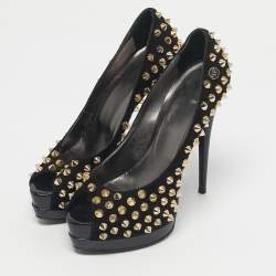 Pre Owned Philipp Plein Black Suede Studded Peep Toe Platform Pumps Size 40
