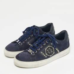 Pre Owned Philipp Plein Navy Blue Leather and Suede Stud Embellished Lace Up Sneakers Size 40