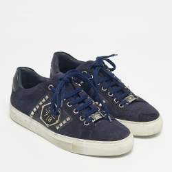 Pre Owned Philipp Plein Navy Blue Leather and Suede Stud Embellished Lace Up Sneakers Size 40