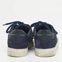 Pre Owned Philipp Plein Navy Blue Leather and Suede Stud Embellished Lace Up Sneakers Size 40