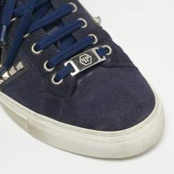 Pre Owned Philipp Plein Navy Blue Leather and Suede Stud Embellished Lace Up Sneakers Size 40