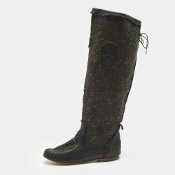 Pre Owned Philipp Plein Black Leather Laser Cut  Skull Mid Calf Boots Size 37