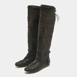 Pre Owned Philipp Plein Black Leather Laser Cut  Skull Mid Calf Boots Size 37