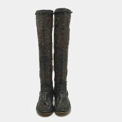 Pre Owned Philipp Plein Black Leather Laser Cut  Skull Mid Calf Boots Size 37