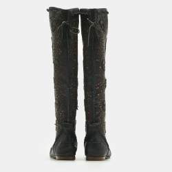 Pre Owned Philipp Plein Black Leather Laser Cut  Skull Mid Calf Boots Size 37