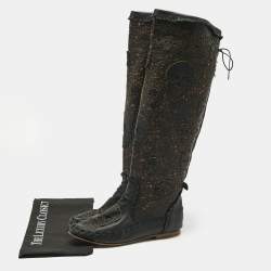Pre Owned Philipp Plein Black Leather Laser Cut  Skull Mid Calf Boots Size 37