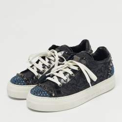 Pre Owned Philipp Plein Navy Blue/Black Leather and Lace Stud Embellished  Lace Up Sneakers Size 37.5