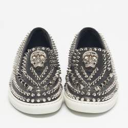 Pre Owned Philipp Plein Black Leather Studded Skull Slip On  Sneakers Size 37