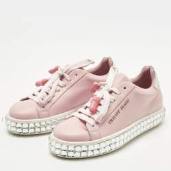 Pre Owned Philipp Plein Pink/Silver Leather and Patent Leather Crystal Platform Lace Up Sneakers Size 36
