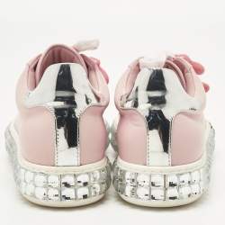 Pre Owned Philipp Plein Pink/Silver Leather and Patent Leather Crystal Platform Lace Up Sneakers Size 36