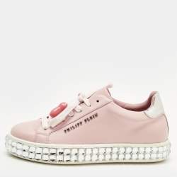 Pre Owned Philipp Plein Pink/Silver Leather and Patent Leather Crystal Platform Lace Up Sneakers Size 36