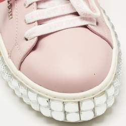 Pre Owned Philipp Plein Pink/Silver Leather and Patent Leather Crystal Platform Lace Up Sneakers Size 36