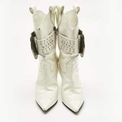 Pre Owned Philipp Plein White Patent Leather Crystal Embellished Cow Boots Size 38.5
