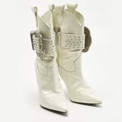 Pre Owned Philipp Plein White Patent Leather Crystal Embellished Cow Boots Size 38.5