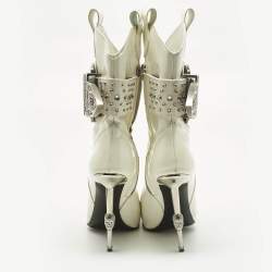 Pre Owned Philipp Plein White Patent Leather Crystal Embellished Cow Boots Size 38.5