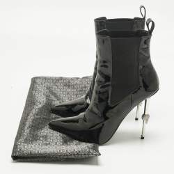 Pre Owned Philipp Plein Black Patent Leather Skull Ankle Length Boots Size 39