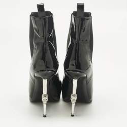 Pre Owned Philipp Plein Black Patent Leather Skull Ankle Length Boots Size 39