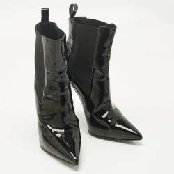 Pre Owned Philipp Plein Black Patent Leather Skull Ankle Length Boots Size 39