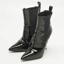 Pre Owned Philipp Plein Black Patent Leather Skull Ankle Length Boots Size 39