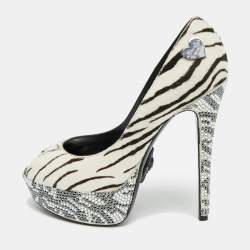 Pre Owned Philipp Plein Size 36 White/Black Animal Print Calf Hair Crystal Embellished Platform Peep Toe Pumps