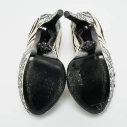 مملوكة مسبقًا حذاء كعب عالي فيليب بلين نعل سميك مقدمة مفتوحة شعر العجل مطبوع نقشة حيوانات أبيض/أسود مرصع بالكريستال مقاس 36