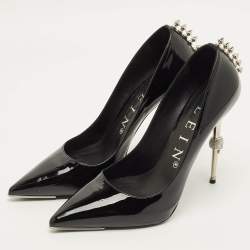 مملوكة مسبقًا Philipp Plein Skull Heel Size 39 Black Patent Leather Studded Pointed Toe Pumps