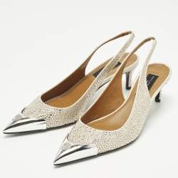 Pre Owned Philipp Plein Size 39 Gold Satin Crystal Embellished Cap Toe Slingback  Pumps