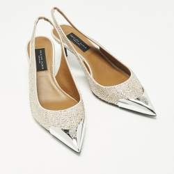 Pre Owned Philipp Plein Size 39 Gold Satin Crystal Embellished Cap Toe Slingback  Pumps