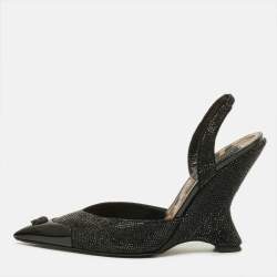 Pre Owned Philipp Plein Decollete Size 39 Black Crystals Suede Wedged Slingback Pumps