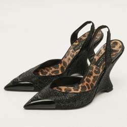 Pre Owned Philipp Plein Decollete Size 39 Black Crystals Suede Wedged Slingback Pumps