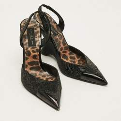 Pre Owned Philipp Plein Decollete Size 39 Black Crystals Suede Wedged Slingback Pumps