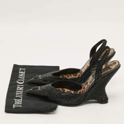 Pre Owned Philipp Plein Decollete Size 39 Black Crystals Suede Wedged Slingback Pumps