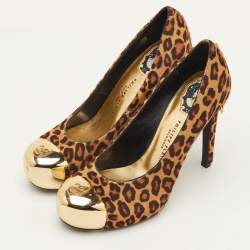 Pre Owned Philipp Plein Size 37 Brown Leopard Print Calf Hair Skull Metal Cap Toe Platform Pumps