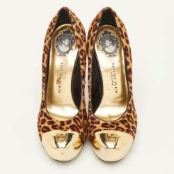 Pre Owned Philipp Plein Size 37 Brown Leopard Print Calf Hair Skull Metal Cap Toe Platform Pumps