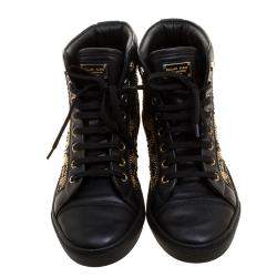 Pre Owned Philipp Plein Black Leather Crystal Studded High Top Sneakers Size 38