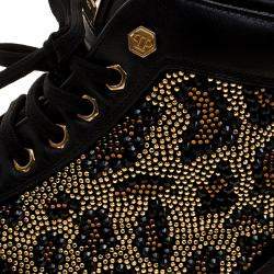 Pre Owned Philipp Plein Black Leather Crystal Studded High Top Sneakers Size 38