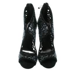 Pre Owned Philipp Plein Black Crystal Embellished Leather Cut Out Open Toe Booties Size 41